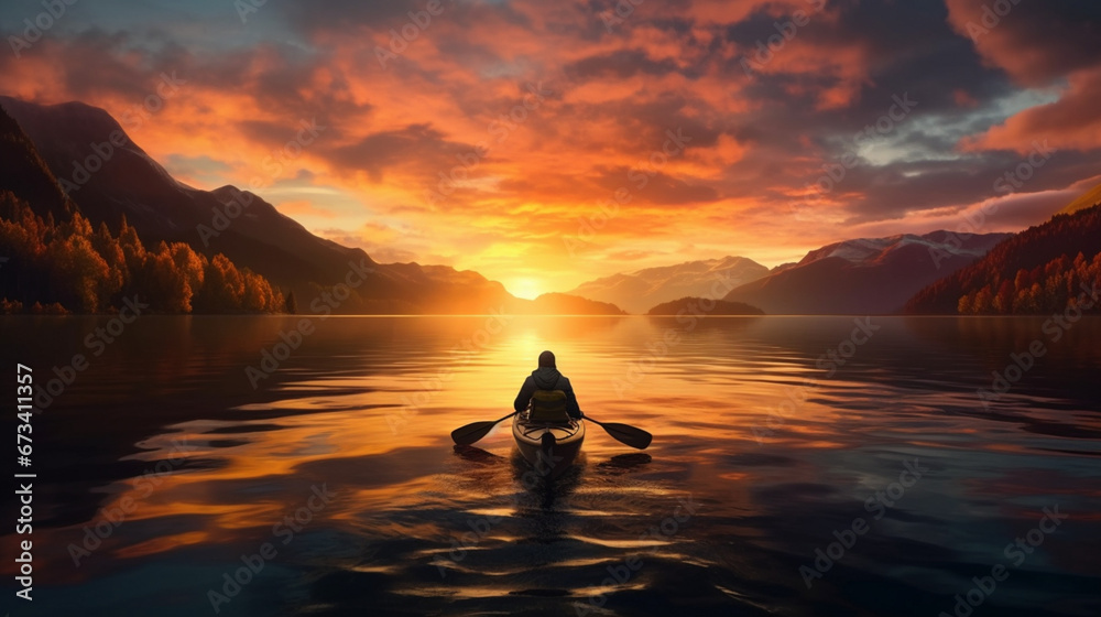 A man floats in a boat in the middle of a large river during a beautiful sunset. Landscape wallpaper. Generative AI