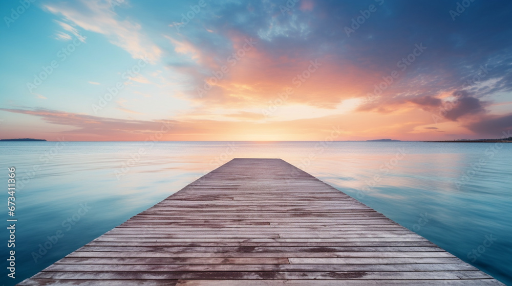 Wooden jetty with view on blue sea. Copy space. Generative AI