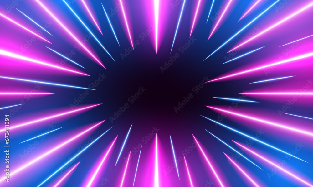 Fototapeta premium Blue Rays Zoom in Motion Effect, Light Color Trails. Vector Illustration. Neon retro explosion or hyperspeed, comic style, zap blast explosion, neon rays, retro style neon beams from center