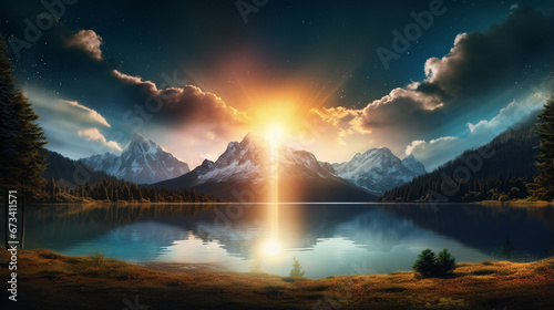 Beautiful landscape wallpaper with lake with view on mountains. Nature background. Generative AI