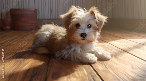 Playful puppy in wooden floor morning light. Generic interior shot, front on view.