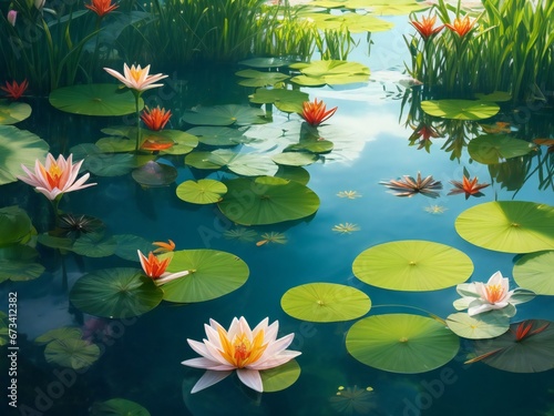 water lilies floating in a pond with lily pads