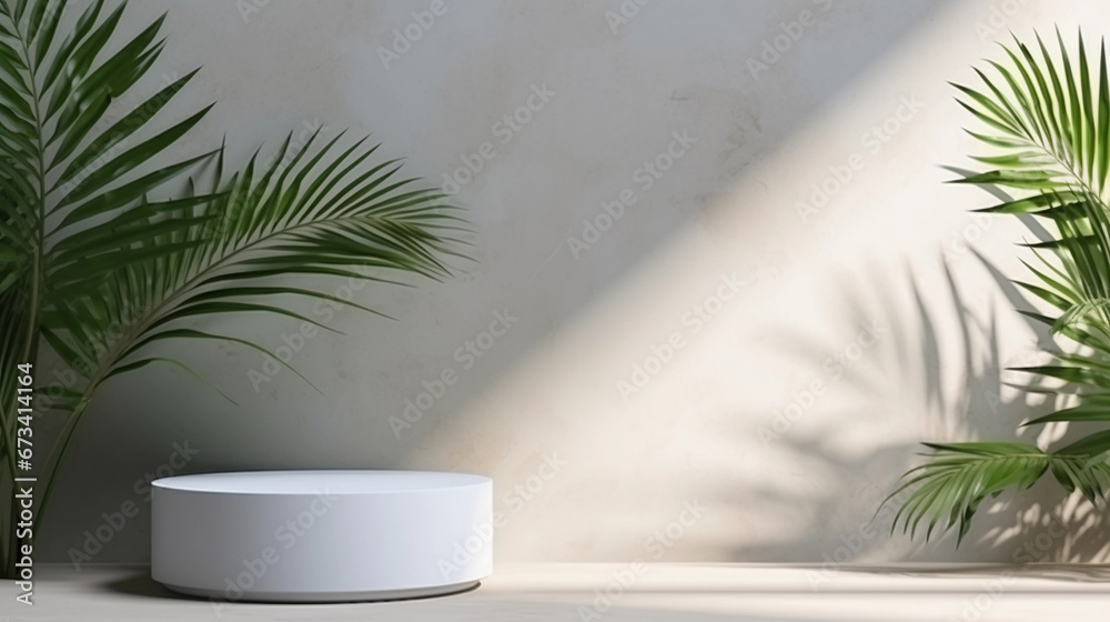 clean white desk and product stand for product display, minimalist, product mockup display with room for text