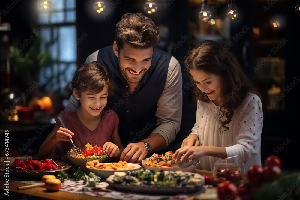 Happy family open Christmas gifts in sitting room next to Christmas tree