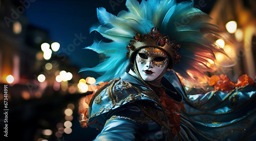 The Carnival of Venice, woman wearing beautiful mask and costume with feathers at night.  © IRStone