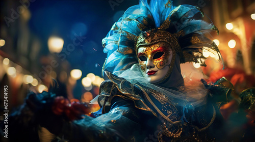 The Carnival of Venice, woman wearing beautiful mask and costume with feathers at night.  photo