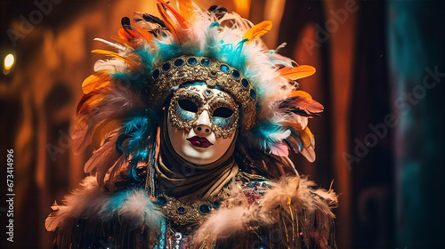 The Carnival of Venice, woman wearing beautiful mask and costume with feathers at night. 
