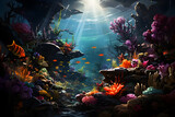Illustration depicting a hyper-realistic underwater scene with a vibrant coral reef.