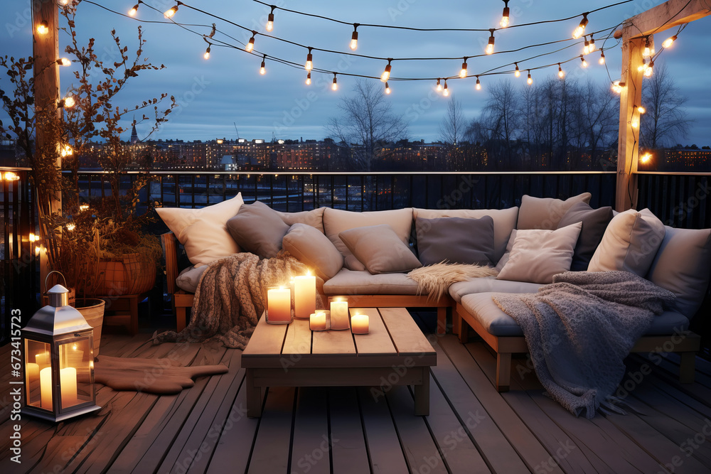 Cozy outdoor roof terrace with a sofa and coffee table is decorated with garlands and lamps - obrazy, fototapety, plakaty 