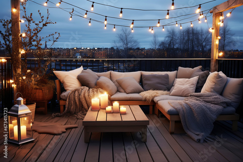 Foto Cozy outdoor roof terrace with a sofa and coffee table is decorated with garland