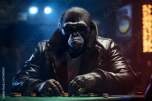 Gorilla in leather jacket and sunglasses, sitting at a poker table in a nightclub.