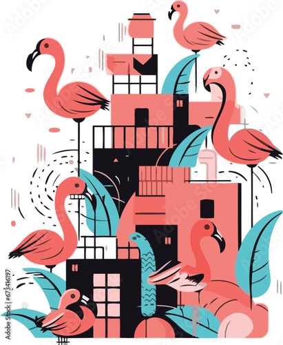 Vector illustration of a stylized city with flamingos. houses. trees and birds.