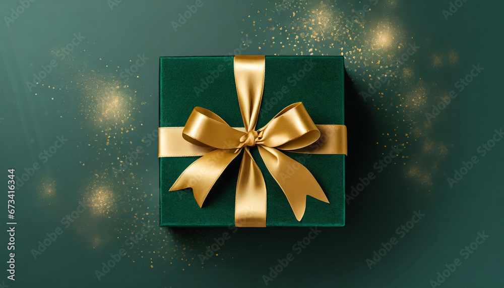 Dark green gift box with gold satin ribbon Dark green gift box with gold satin ribbon