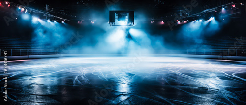 Sci-fi futuristic background with neon spotlights, smoke.Ice Rink.Professional Arena, Scene. Winter poster for hockey competitions. Ice skating. Stadium. Generative ai © Inai