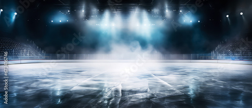 Sci-fi futuristic background with neon spotlights, smoke.Ice Rink.Professional Arena, Scene. Winter poster for hockey competitions. Ice skating. Stadium. Generative ai