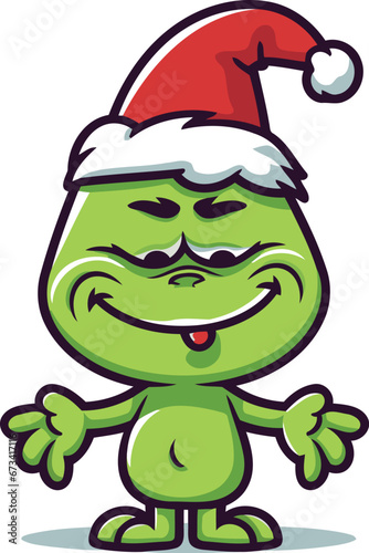 Funny green monster in santa hat. Cartoon vector illustration.
