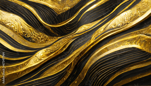 Abstract gold black acrylic painted fluted 3d painting texture luxury background banner on canvas - Golden waves swirls