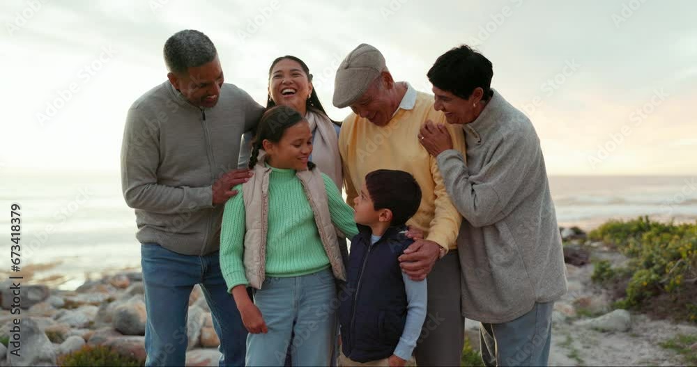 Nature, beach and big family laughing, happy and smile for Brazil holiday, natural freedom joke or funny comedy from kids. Morning portrait, love and relax children, parents and grandparents bonding Nature, beach and big family laughing, happy and smile for Brazil holiday, natural freedom joke or funny comedy from kids. Morning portrait, love and relax children, parents and grandparents bonding