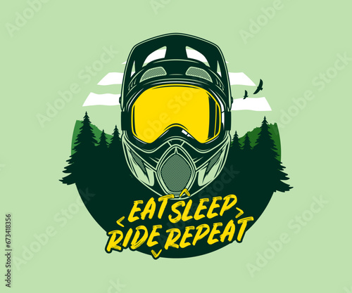 Vector mountain biking illustration with full face helmet, mountains and pine trees