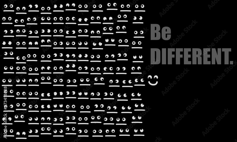 Be different concept background. Stand out. Smiley faces doodle. Alone in a crowd. Black and white. Minimalistic.
