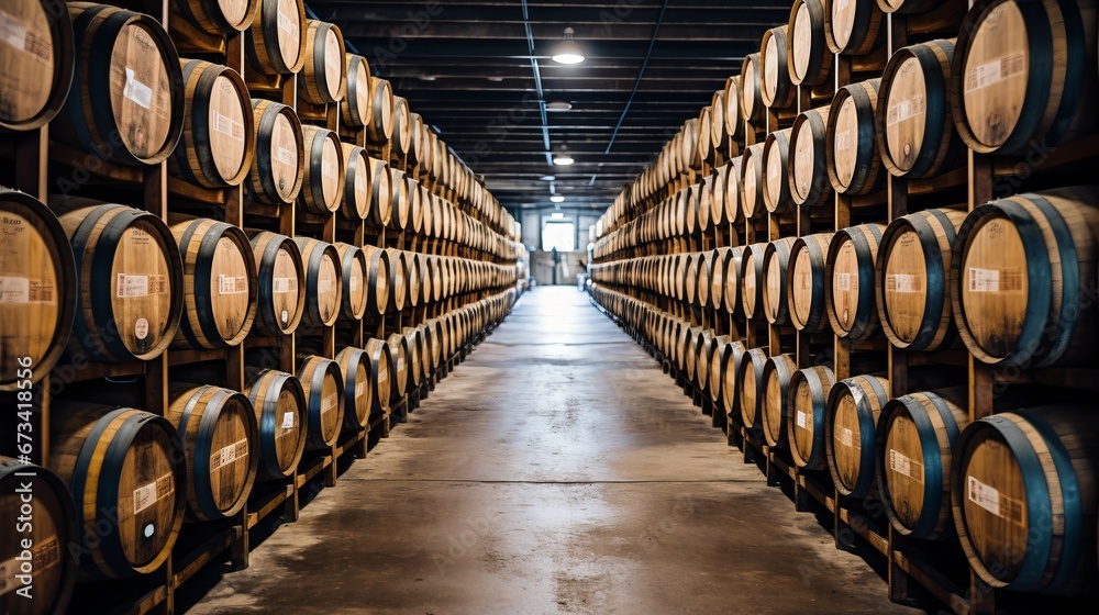 Barrels in whiskey distillery