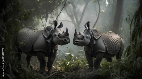 Canvas Print Two Javan rhinos standing in a forest. Ai-generated.