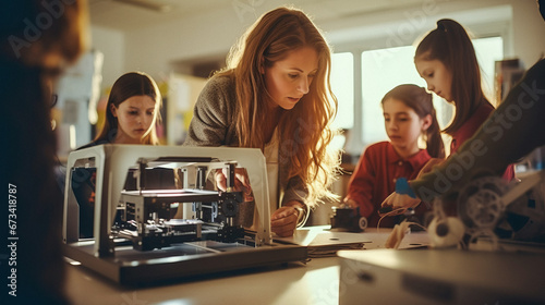 Young smart girls learning 3D printing at school, they are using a 3D printer and a laptop, science and education concept photo