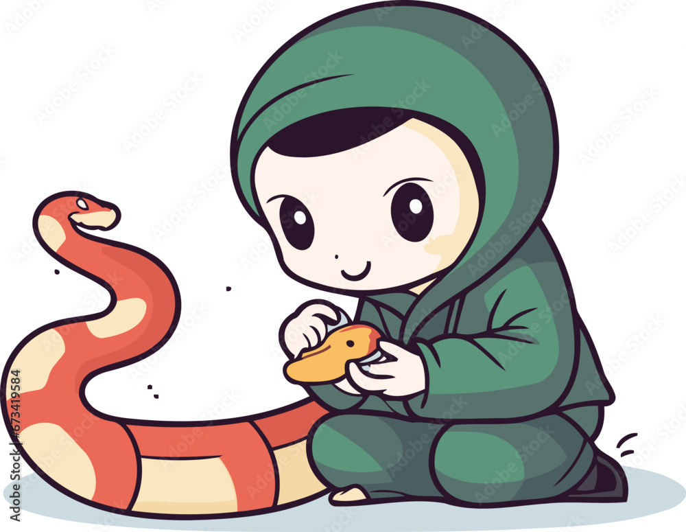 Naklejka premium Cute boy playing with snake. Vector illustration in cartoon style.