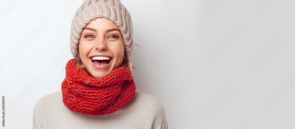 Portrait of a happy lady donning a beanie and a neck warmer Portrait of a happy lady donning a beanie and a neck warmer