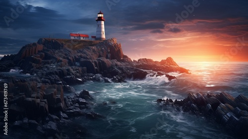 A glowing lighthouse on a rocky coastline at twilight