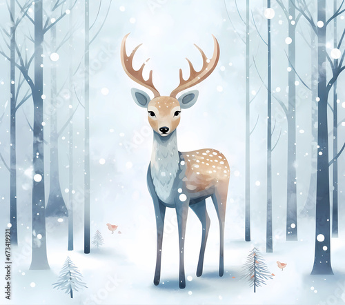 Cute cartoon Scandinavian style forest deer on a background of winter forest. Concept of winter, Christmas holiday, New Year. Minimalism. © Anastasiia
