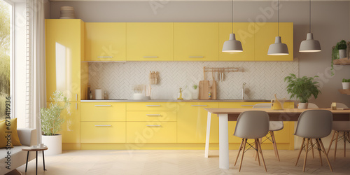 Cozy kitchen interior in yellow color in modern house. Front view