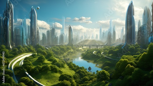 Fototapeta Naklejka Na Ścianę i Meble -  futuristic eco green city skyline with skyscrapers and gardens, future architecture