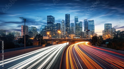 big city skyline and traffic lights blurred motion  skyscrapers and highway light trails at rush hour