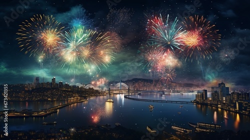 A high-definition digital image of a sparkling fireworks display against a midnight sky, illuminating the city and welcoming the New Year with a dazzling show of lights and colors