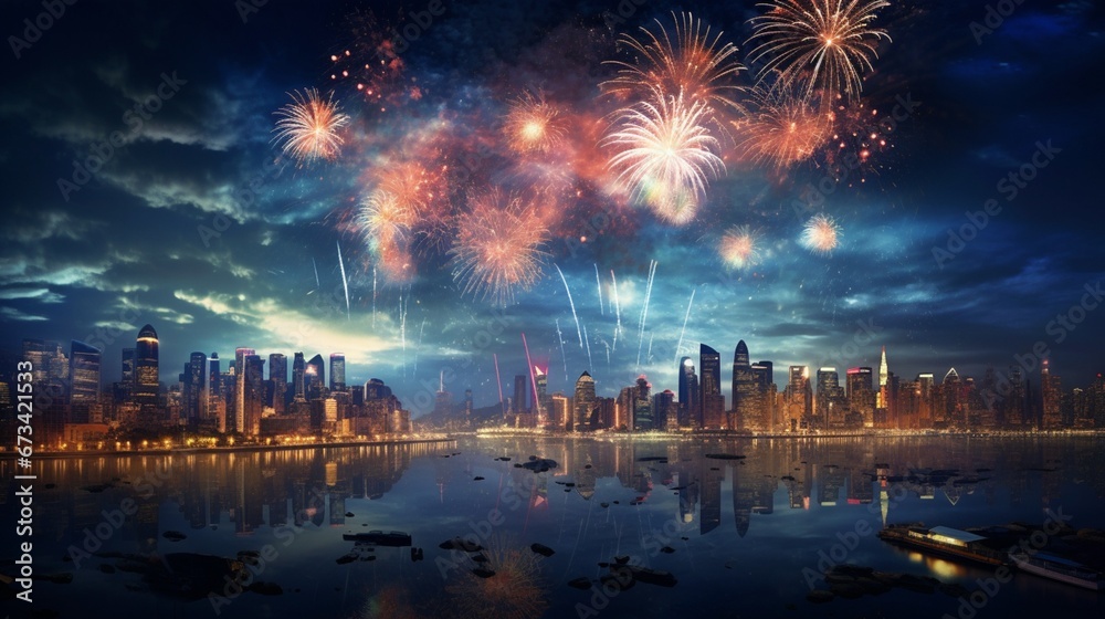 A high-definition digital image of a sparkling fireworks display against a midnight sky, illuminating the city and welcoming the New Year with a dazzling show of lights and colors