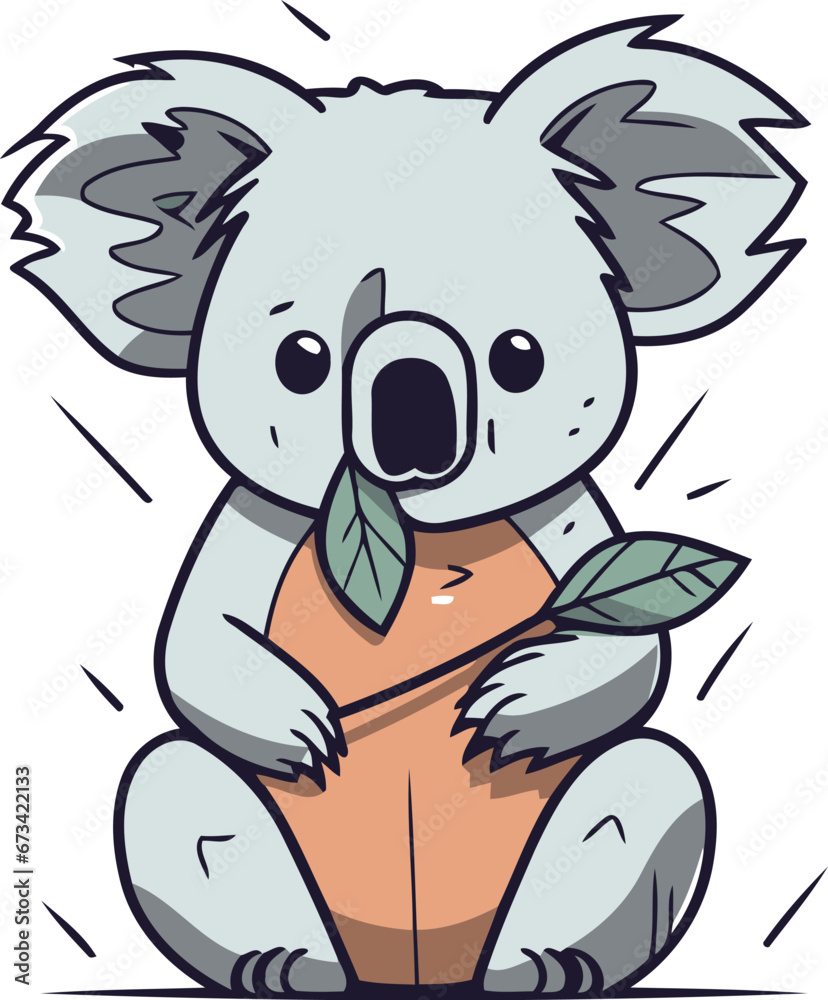 Obraz premium Cute koala with a leaf. Vector illustration in cartoon style.