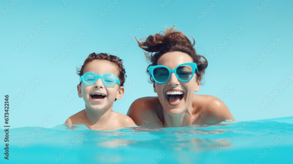 young mother bathes the baby in the pool