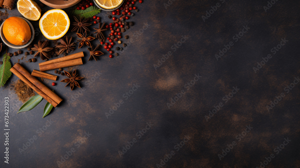 Fototapeta premium Flat Lay of Spices for Mulled Wine on Dark Background