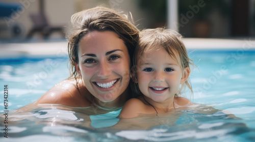 young mother bathes the baby in the pool
