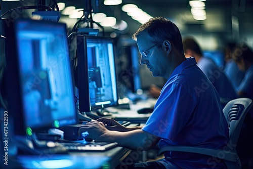 A man working on computer technology, monitoring and controlling information in a modern office or control center.