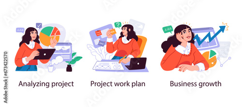 Business Concept illustrations. Scenes with men and women taking part in business activities. Vector illustration