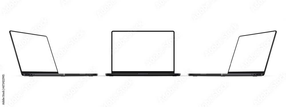 Modern Black Laptop Mockup, Front And Side View, Blank Screens, Isolated On White Background. Vector Illustration Modern Black Laptop Mockup, Front And Side View, Blank Screens, Isolated On White Background. Vector Illustration