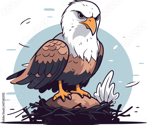 Bald eagle in the nest. Vector illustration on white background.