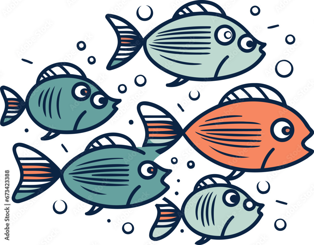 Set of cute cartoon fishes in doodle style. Vector illustration.