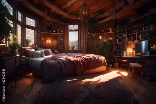 Typical interior design of a very cozy bedroom of a teenage game