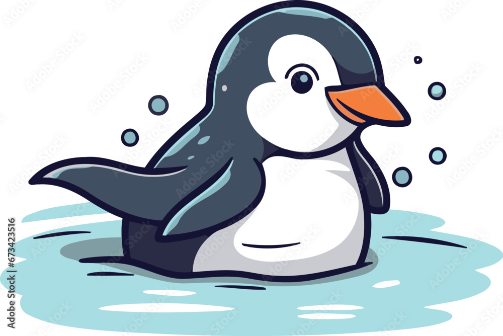 Obraz premium Cute cartoon penguin swimming in the water. Vector illustration.