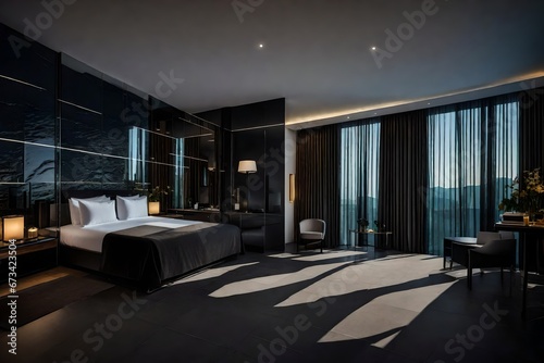 interior of a luxury hotel room  a badroom with a large glass door and black stone walls
