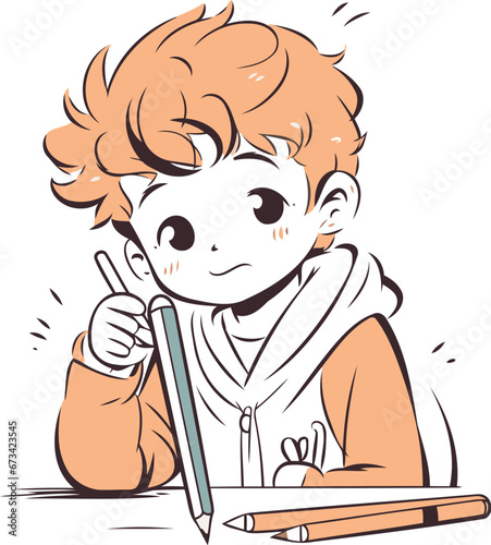 Cute red haired boy drawing with pencil. Vector illustration.