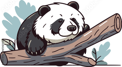 Cute panda bear sitting on a log. Vector illustration.